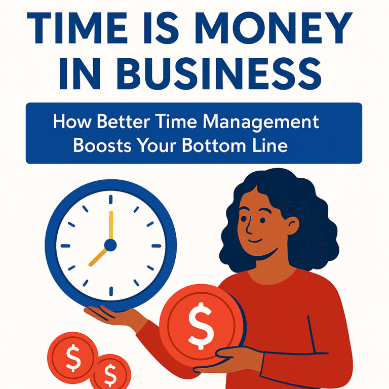 Flat-style illustration showing a woman holding a clock and a red coin with a dollar sign, symbolizing the relationship between time and money in business.